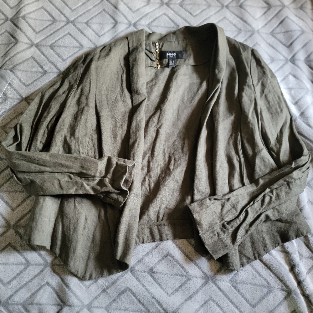 MNG Mango Women's Cropped Open Front Casual 100% Linen Blazer Olive Green Size L